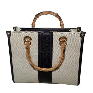 ALDO Thilia Satchel Canvas Tote Bag Bamboo Handles Black Trim Top Zip Closure
